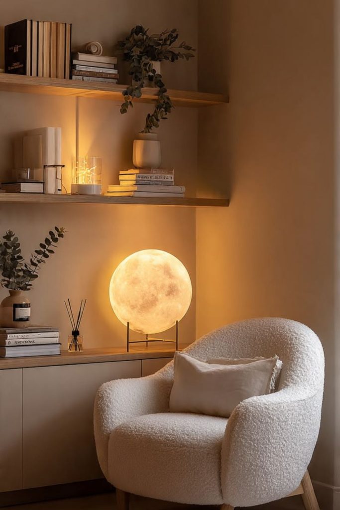 Oversized armchair beside softly glowing lamp.
