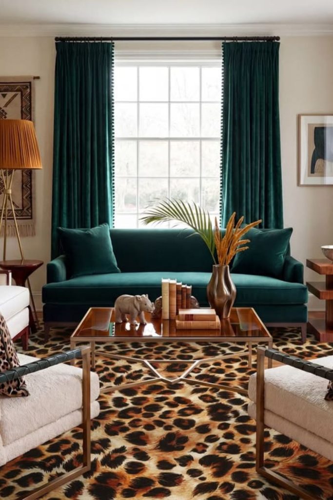 Rustic cheetah decorated warm family lounge.