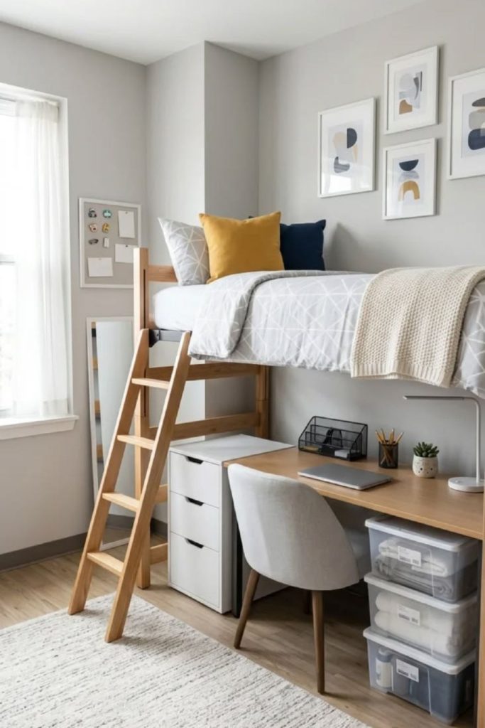 Cozy lofted dorm room study nook.