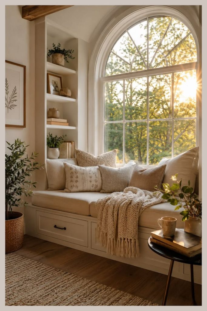 Window bench with plush cozy cushions.