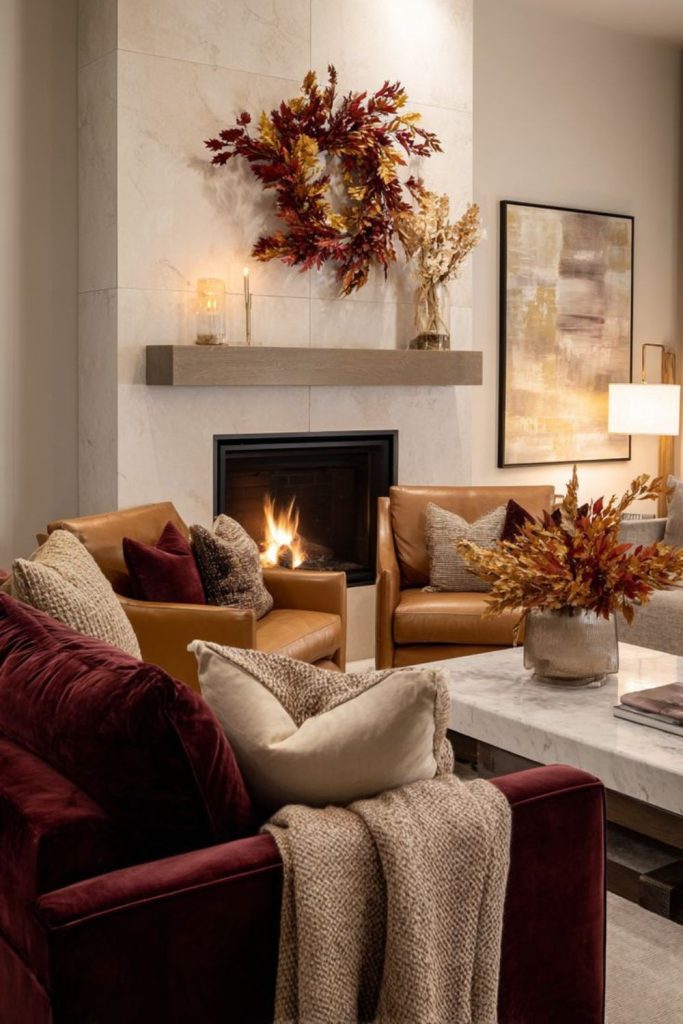 Cranberry cozy autumn living room.