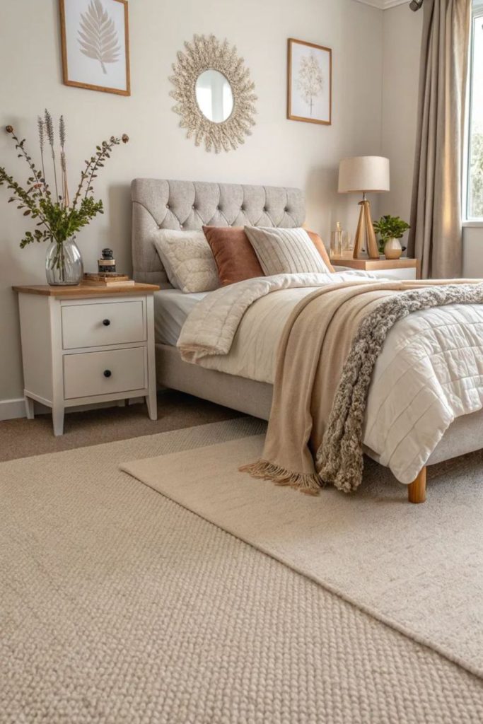 Cream shag soft bedroom carpet texture.