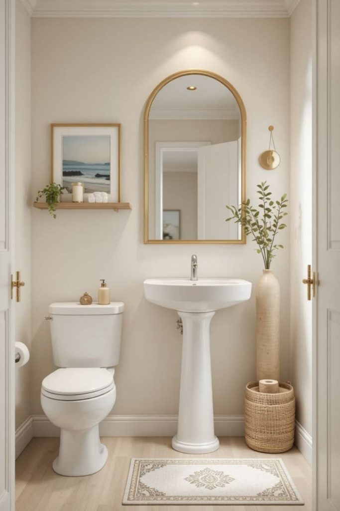 Creamy cottage small bathroom interior.
