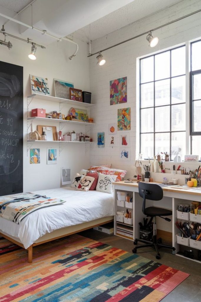 Creative artist bedroom with colorful workspace.