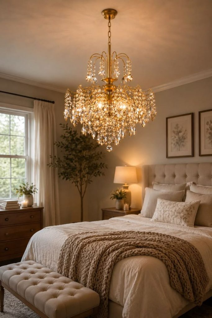 Crystal chandelier illuminating luxurious bedroom interior.