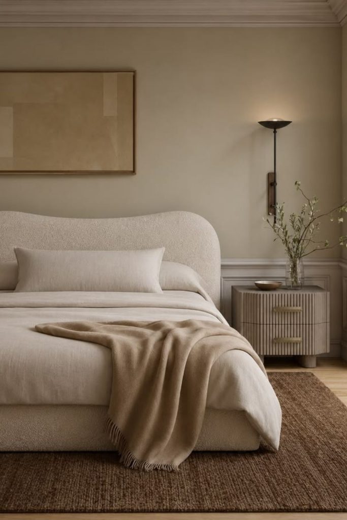 Curved boucle contemporary designer bed.
