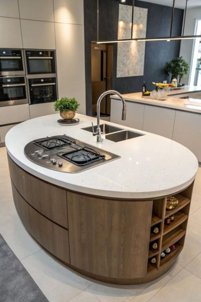 Curved contemporary kitchen island with sink.