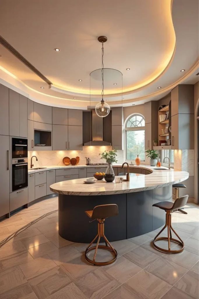 Curved contemporary kitchen island with stone.
