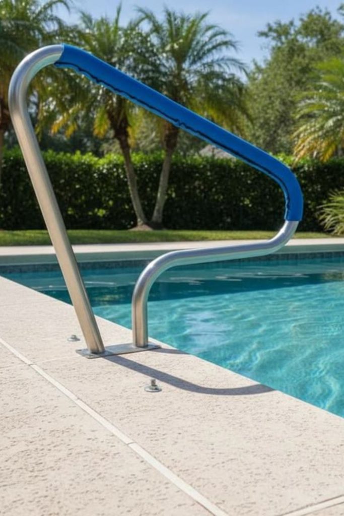Curved handrail wooden pool ladder idea.