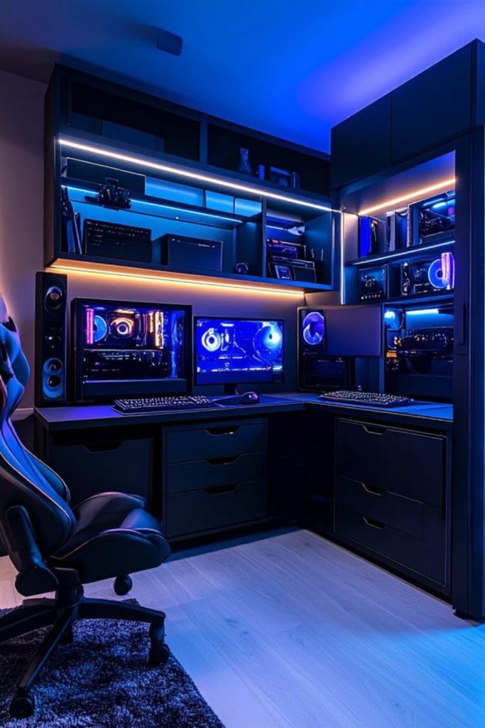 Neon cyberpunk-inspired RGB gaming room.