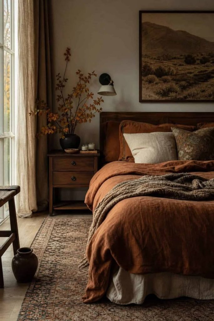 Dark academia autumn bedroom decor.