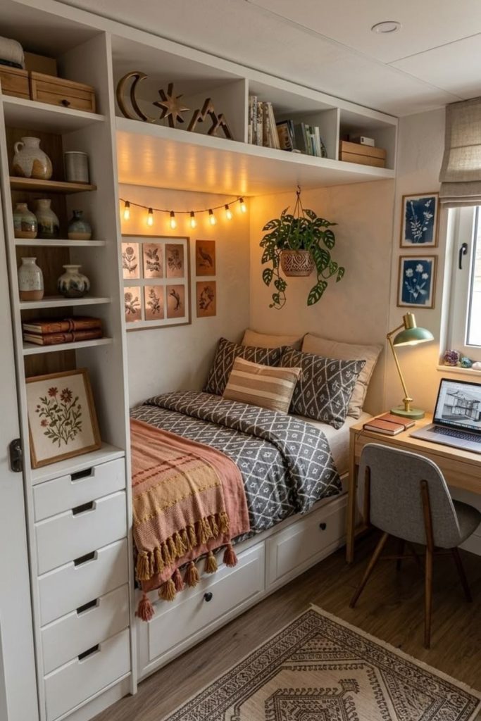 Dark academia lofted dorm room.