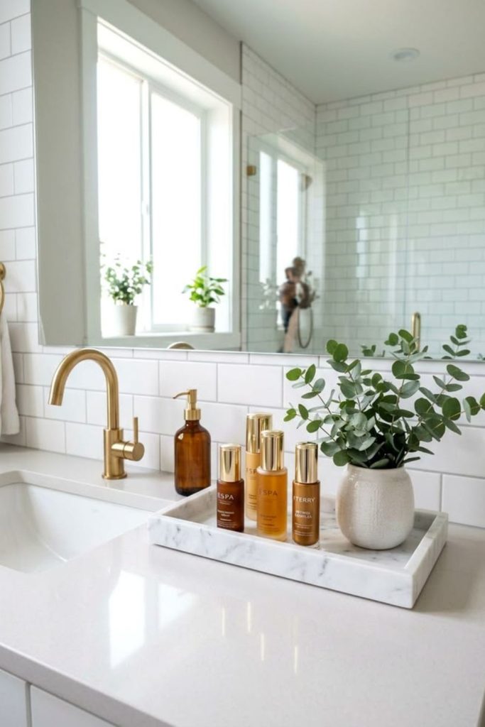 Decorative bathroom tray with elegant essentials.