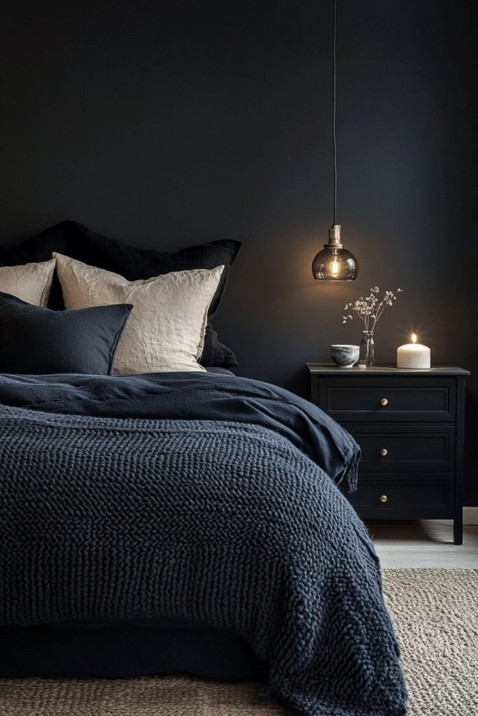 Deep navy bedding with brass decor.