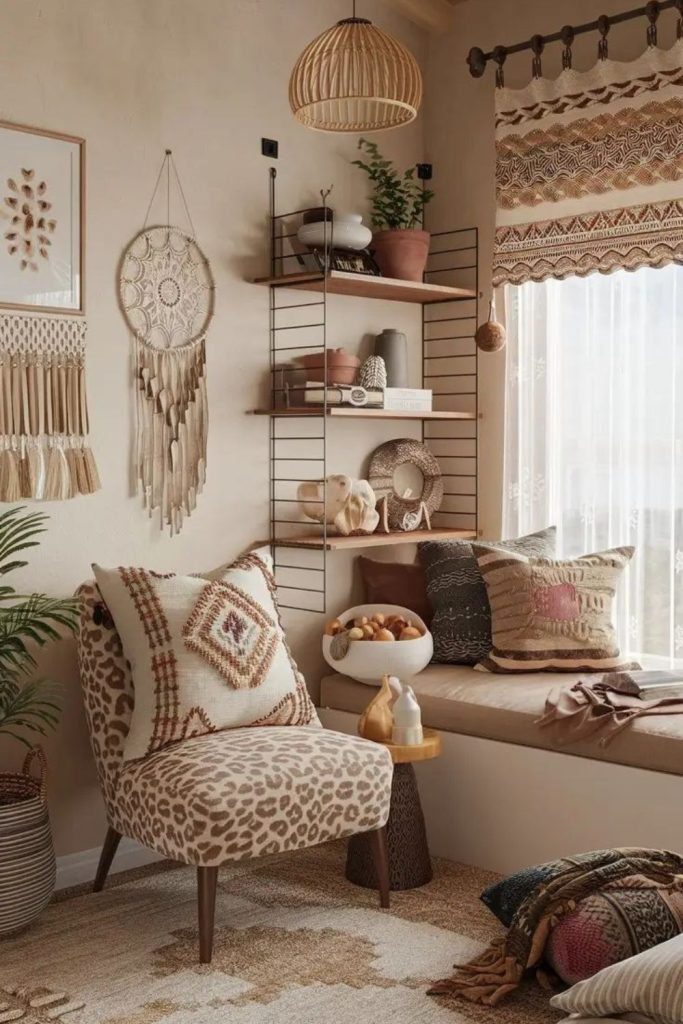 Desert boho bedroom with earthy tones.