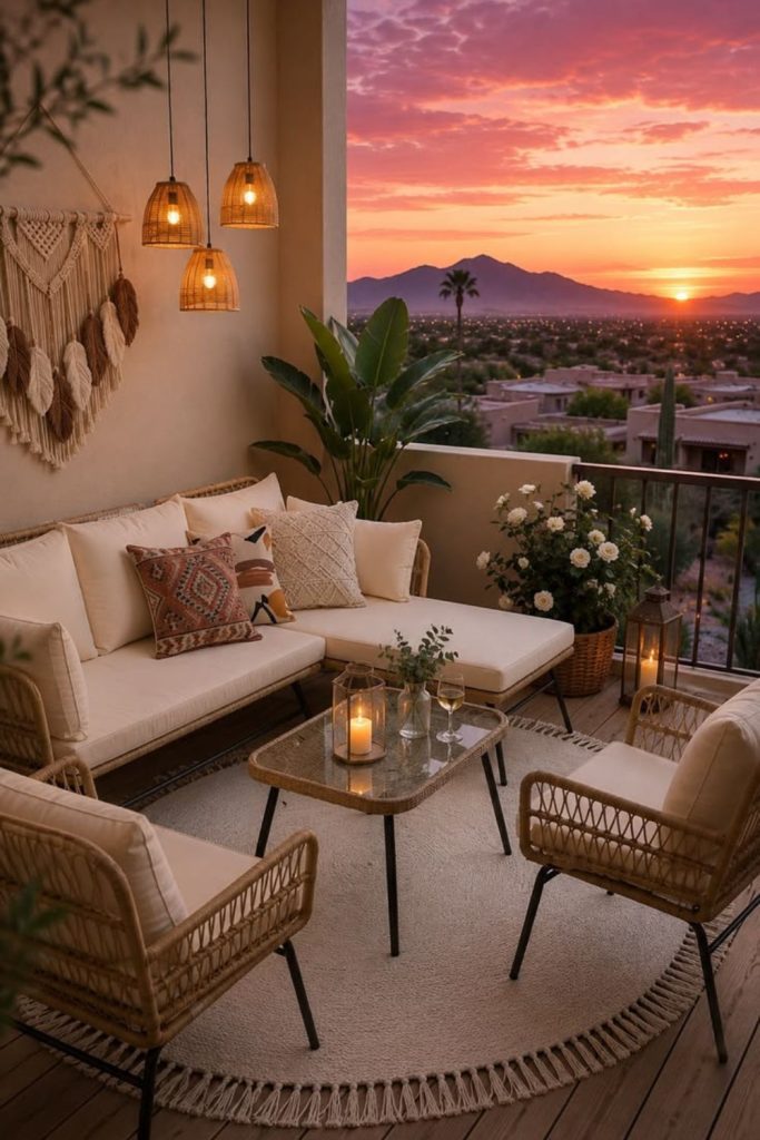 Desert-inspired balcony with succulent plant display.