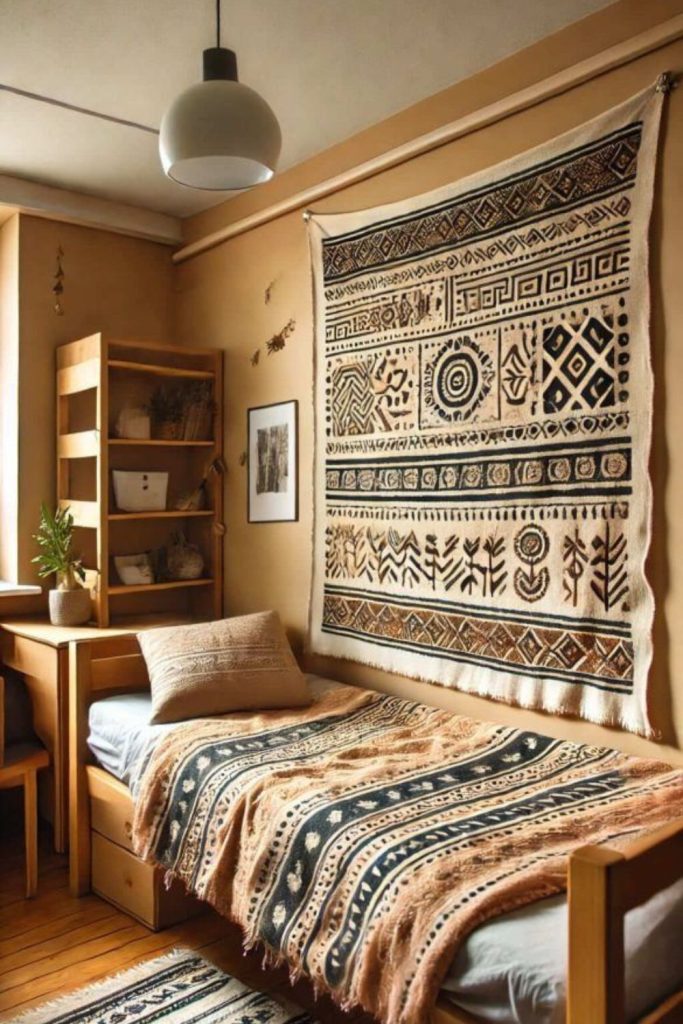 Desert earth-tone dorm room decor.