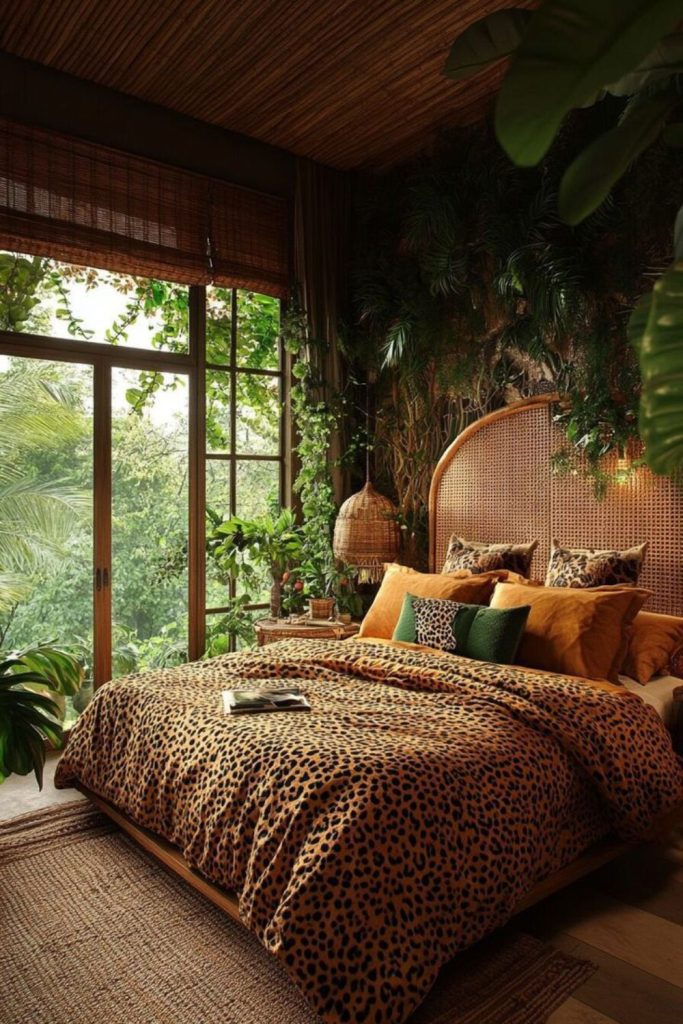 Desert-inspired leopard bedroom with earthy décor.