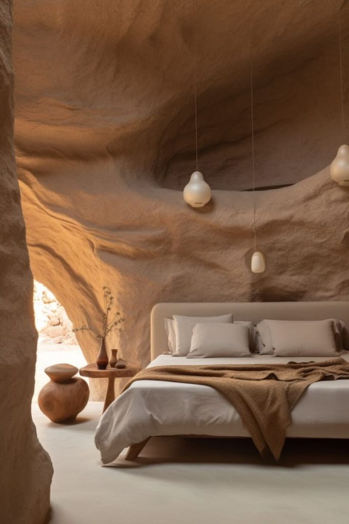 Desert-inspired neutral upholstered bed.