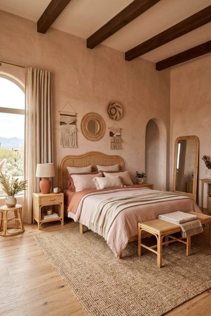 Desert-inspired bedroom with warm beige tones.