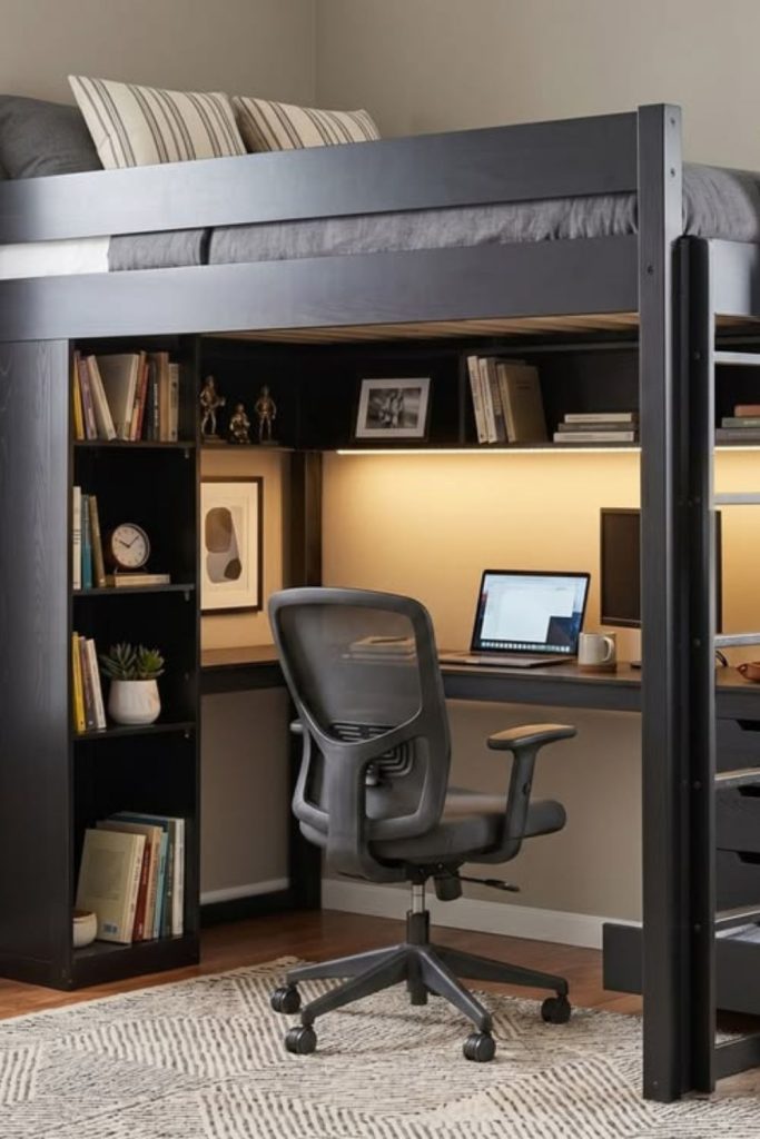 Lofted bed dorm room workstation.