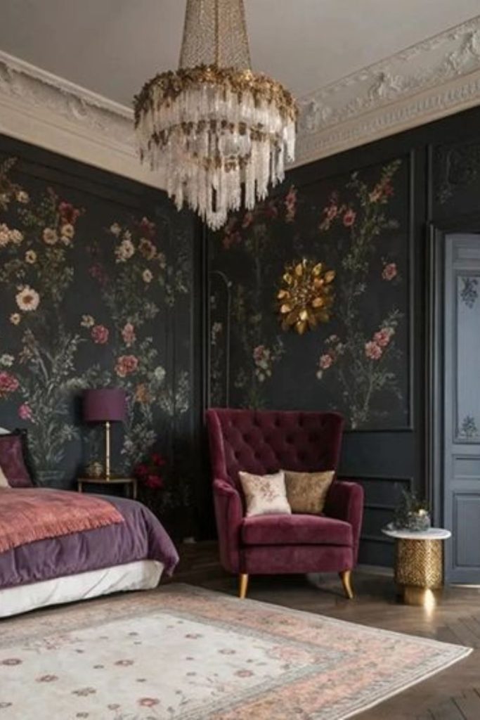 Dramatic black dahlia floral bedroom decor.