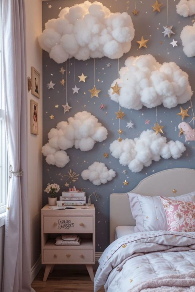 Dreamy pastel teen bedroom with clouds.