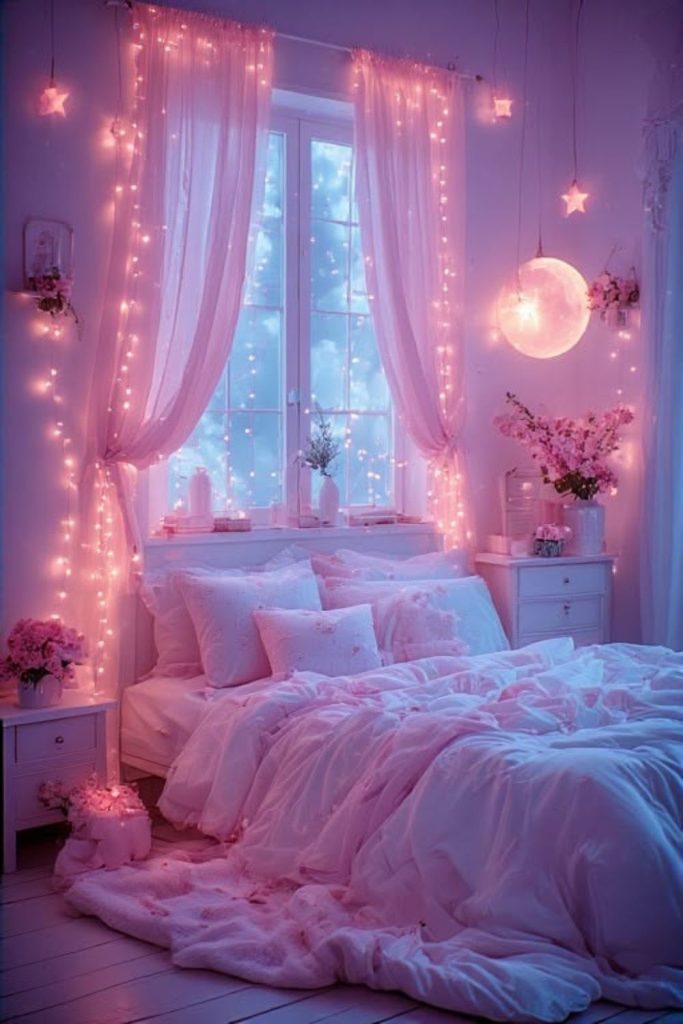 Dreamy pink moonlight bedroom with shimmer.