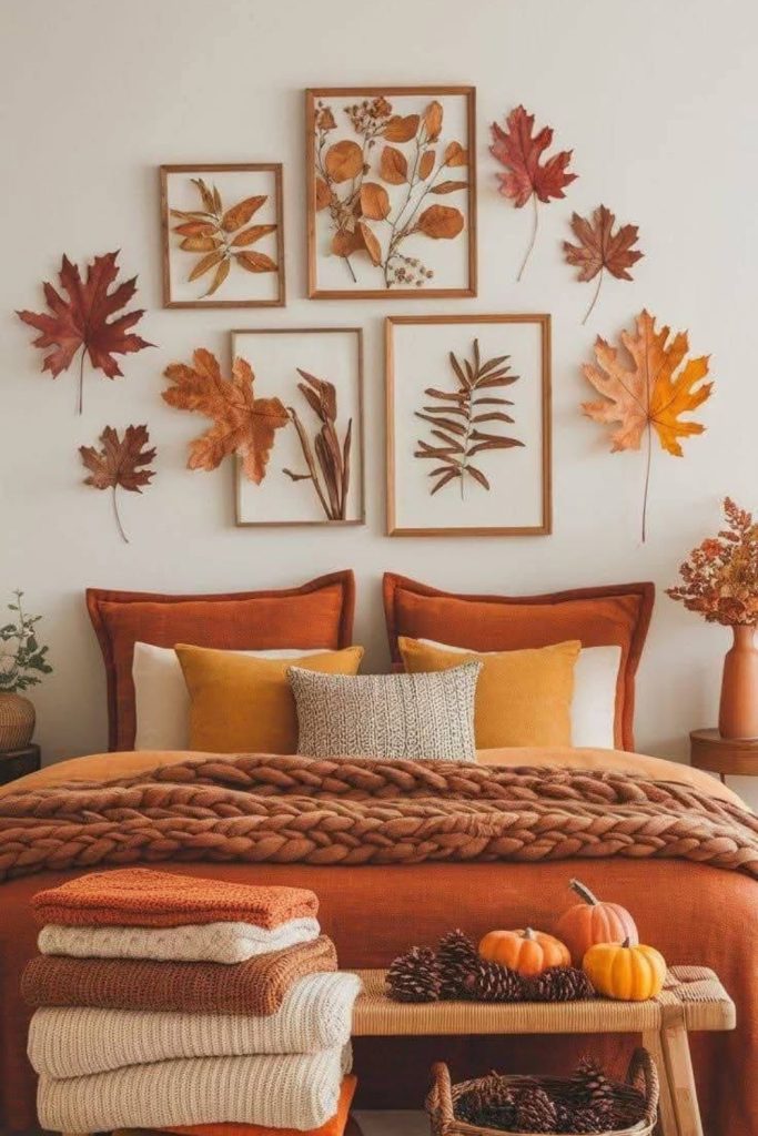Dried floral fall bedroom decor.