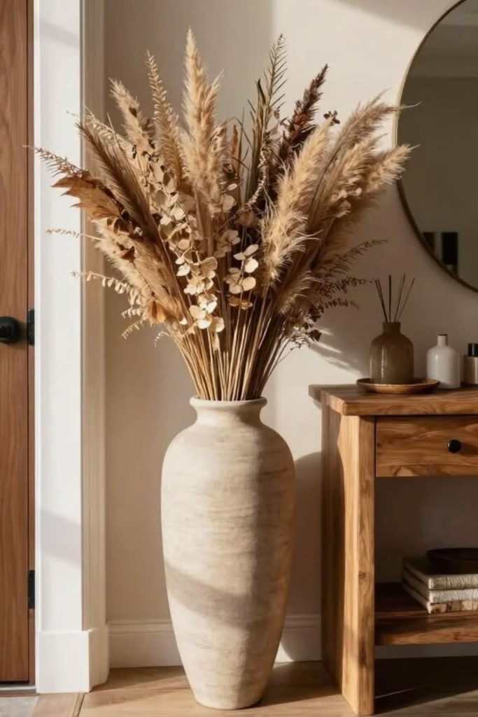 Dried flowers arranged inside ceramic vase.