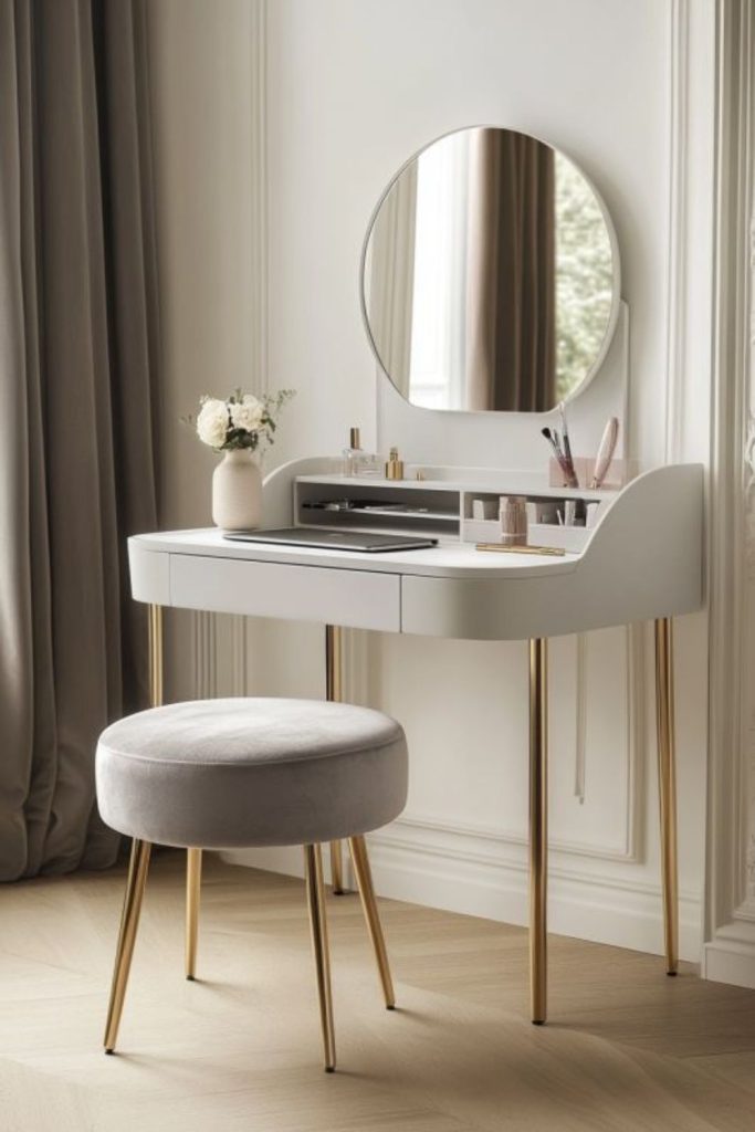 Vanity desk with elegant mirror setup.