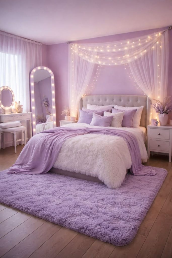 Dusty lavender elegant bedroom carpet style.