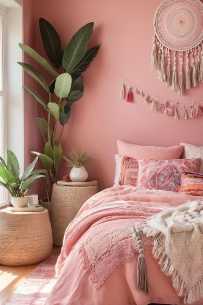 Dusty pink bohemian bedroom with textures.