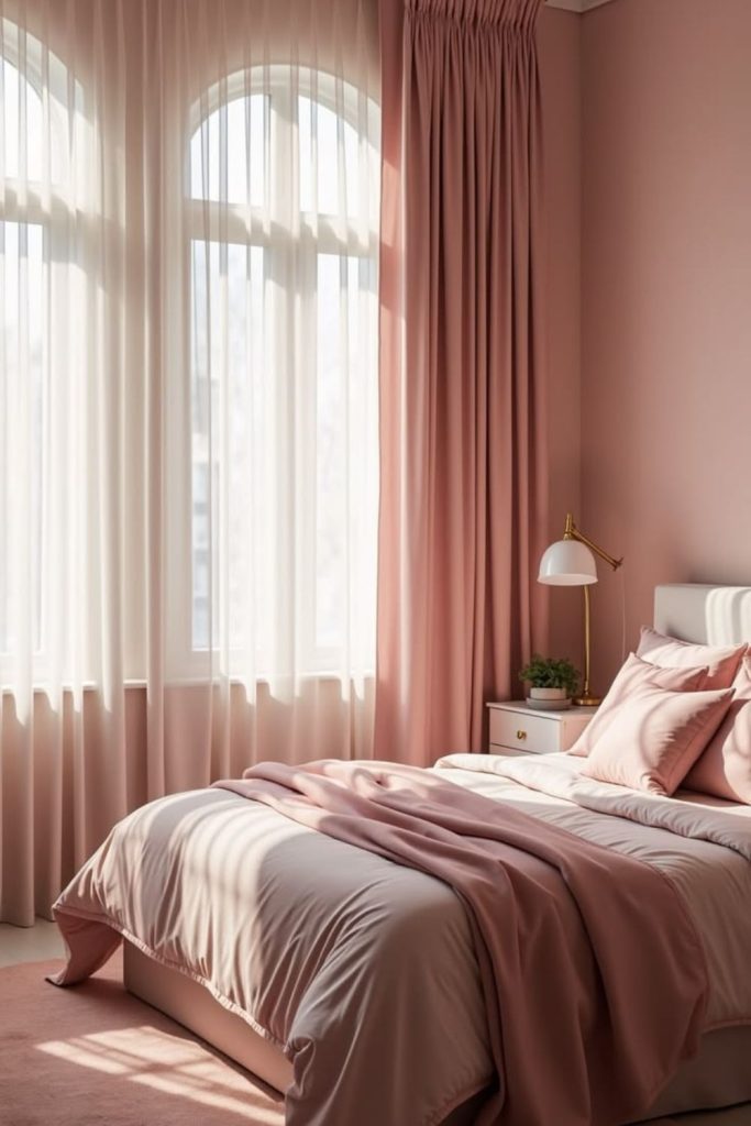 Dusty rose bedroom with natural accents.