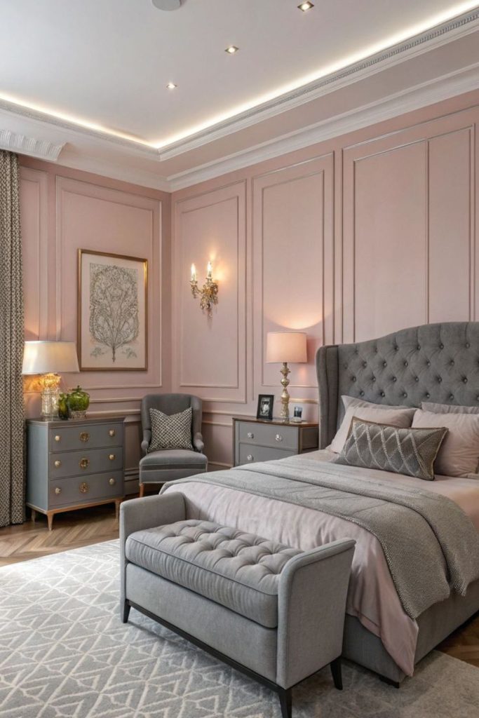 Dusty rose and grey bedroom.