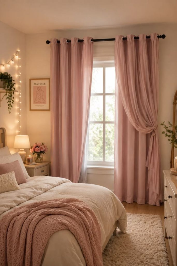 Dusty rose curtains with roller blinds.