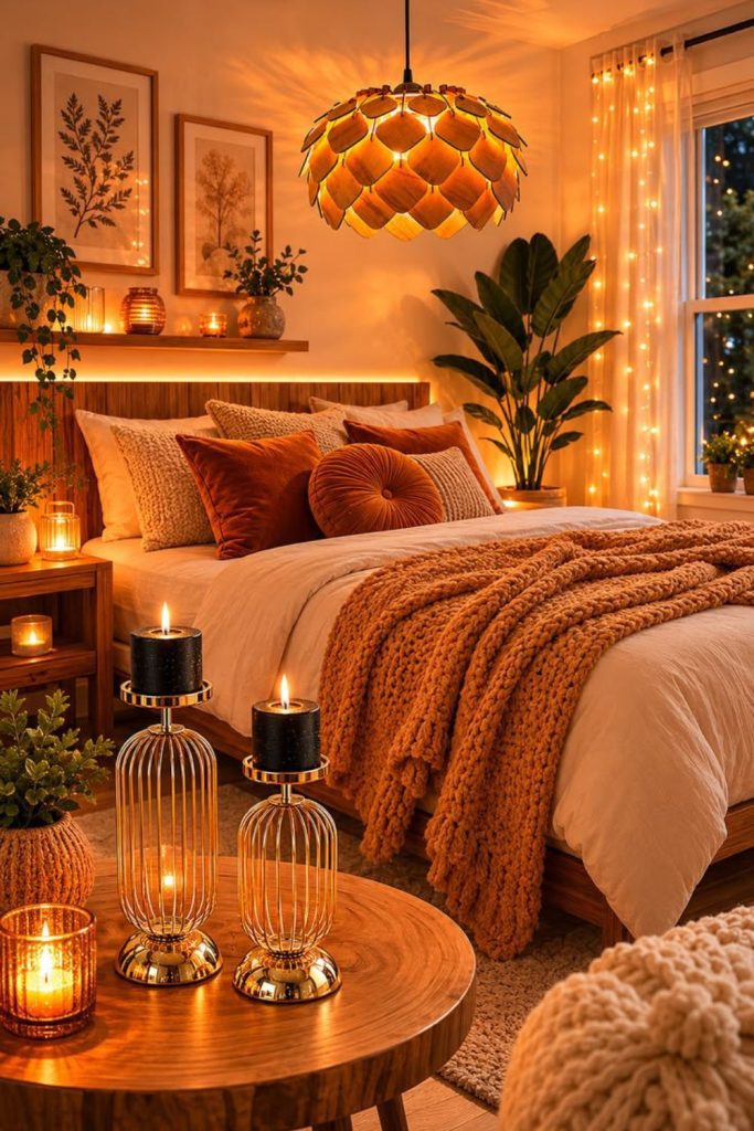 Warm candlelit cozy fall bedroom.