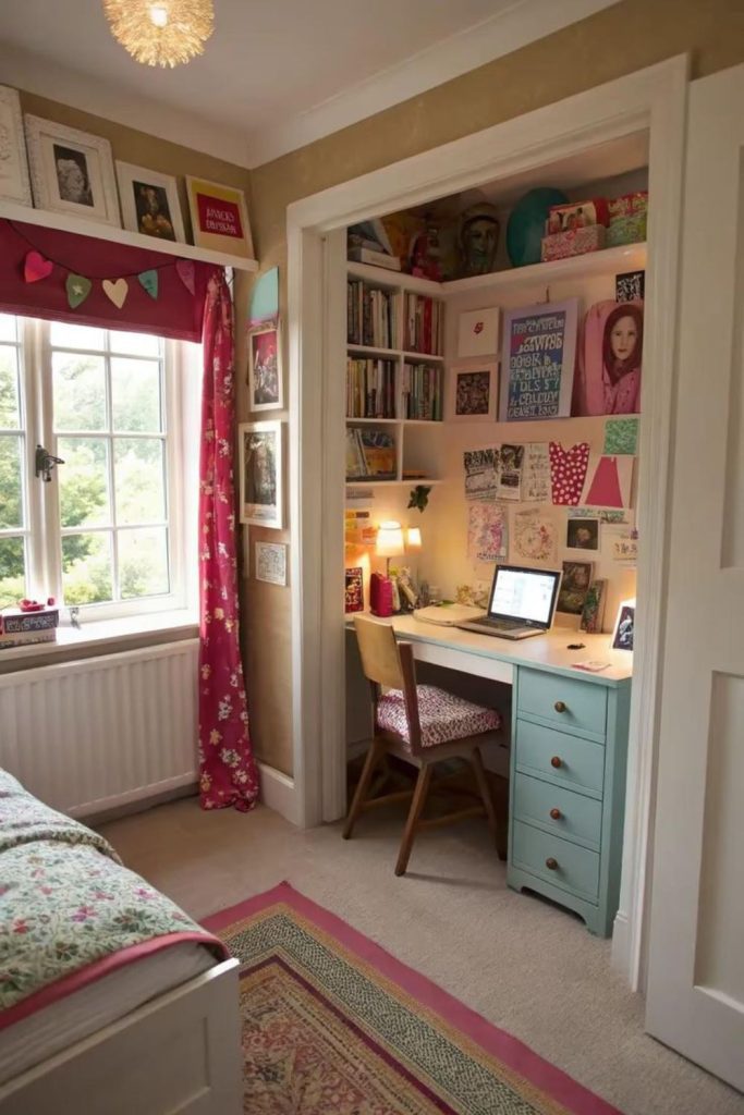 Early 2000s bedroom with study nook.