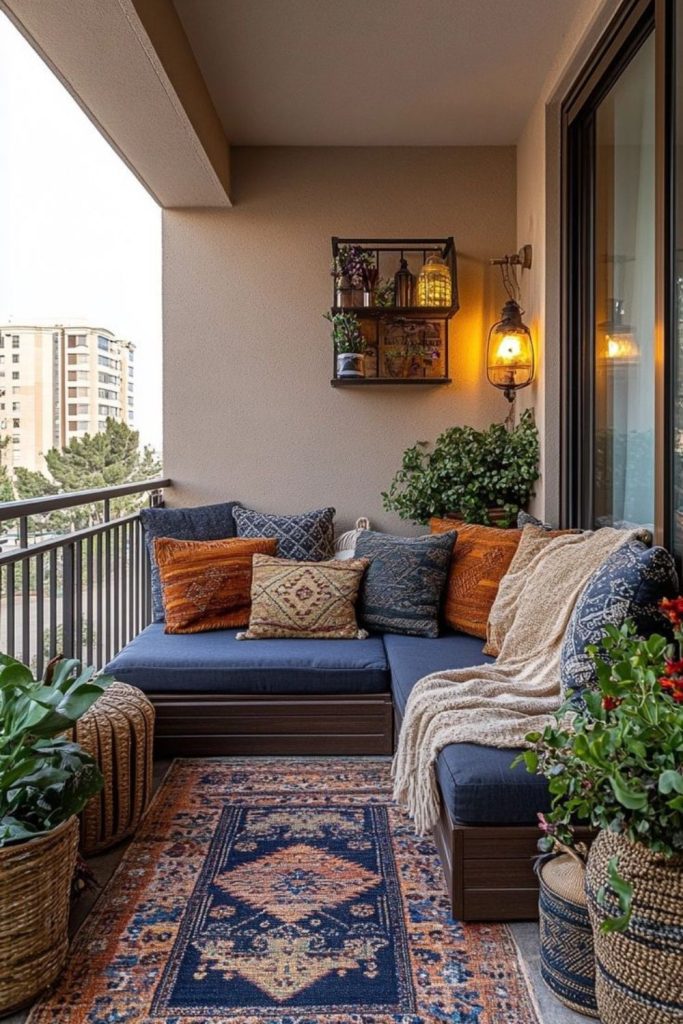 Earth-tone balcony with wooden bench seating.