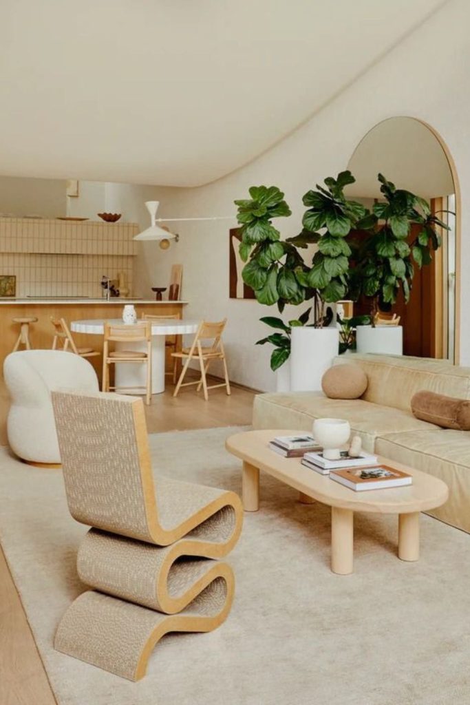 Rattan chair with layered woven rugs.