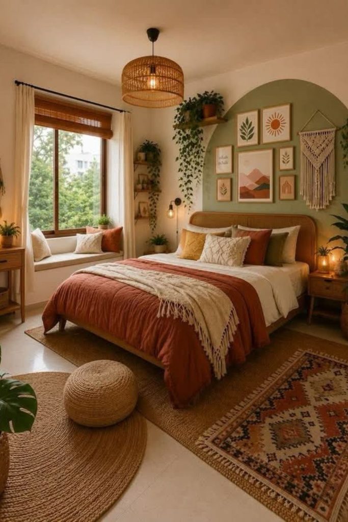 Earthy boho bedroom featuring woven decor.