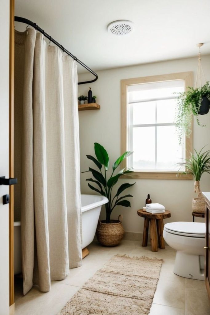 Earthy boho small bathroom retreat.