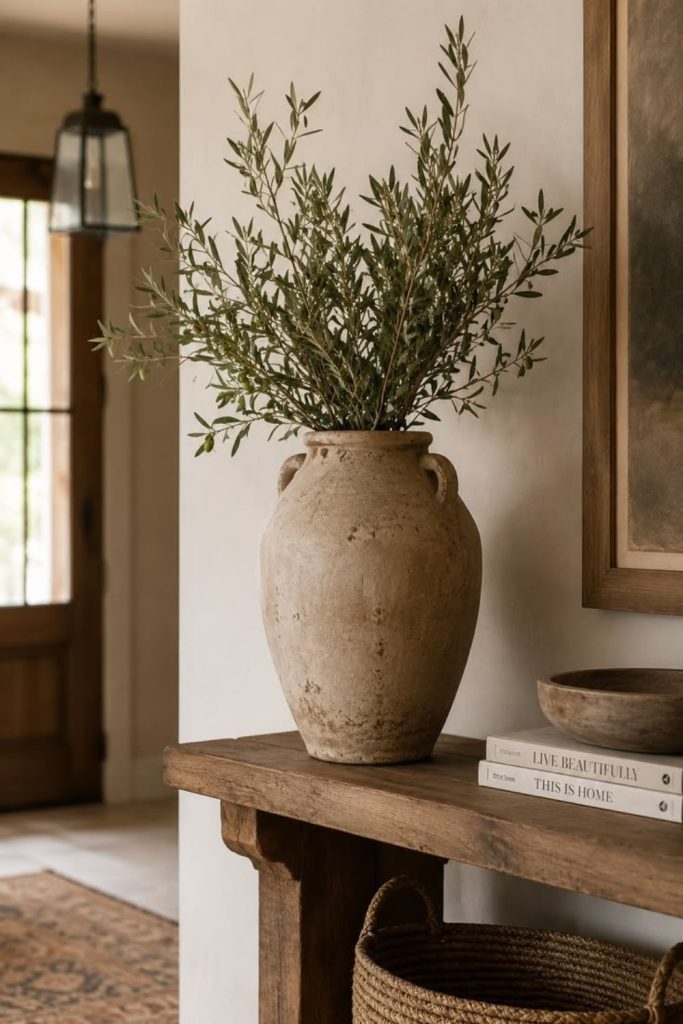 Clay vase with dried pampas grass.