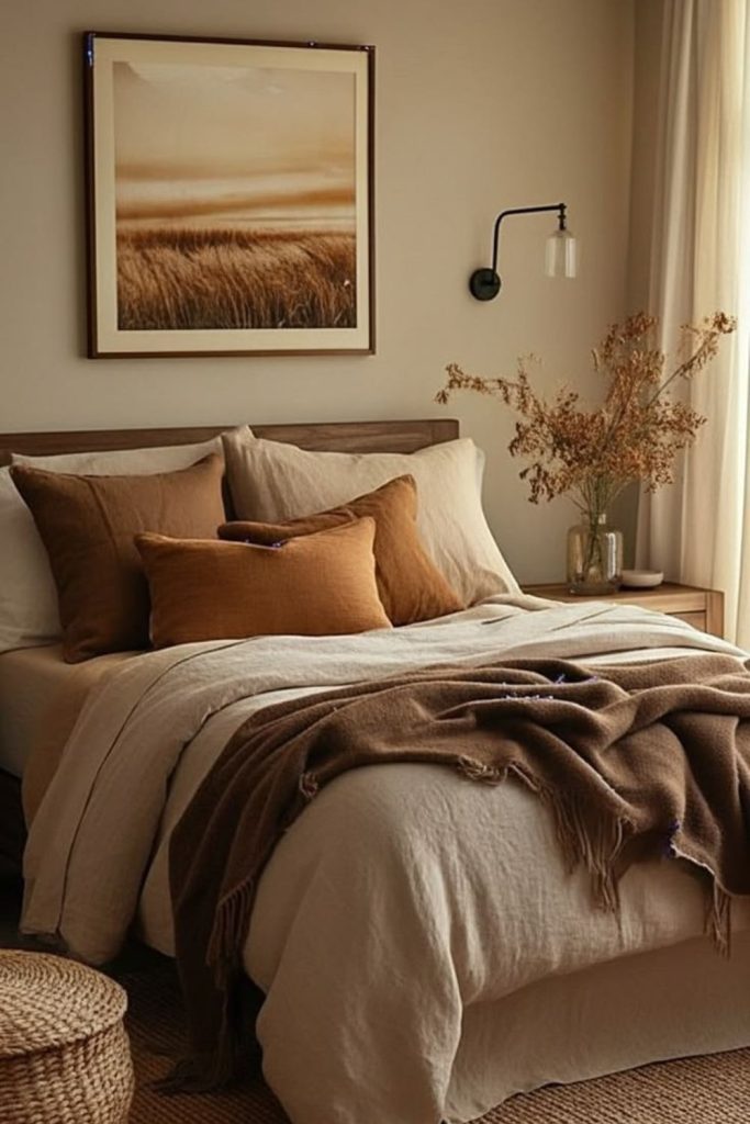 Earthy beige linen bedding with texture.