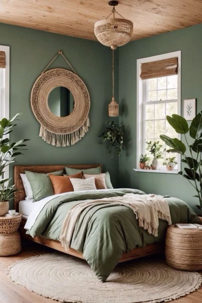 Earthy olive green autumn bedroom.