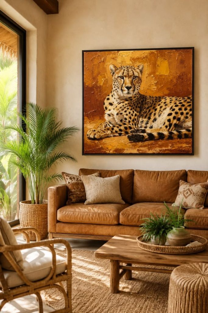 Earthy safari inspired cozy living room.