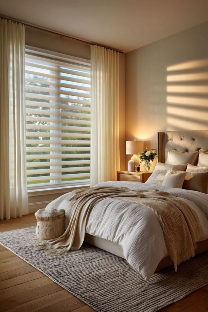 Taupe curtains with cellular window blinds.