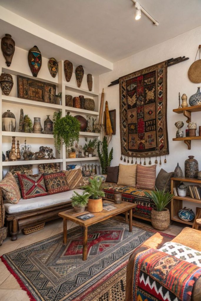 Vintage artwork with globally inspired decor.
