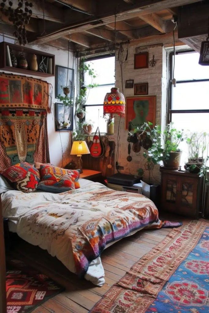 Eclectic bedroom with colorful artistic décor.