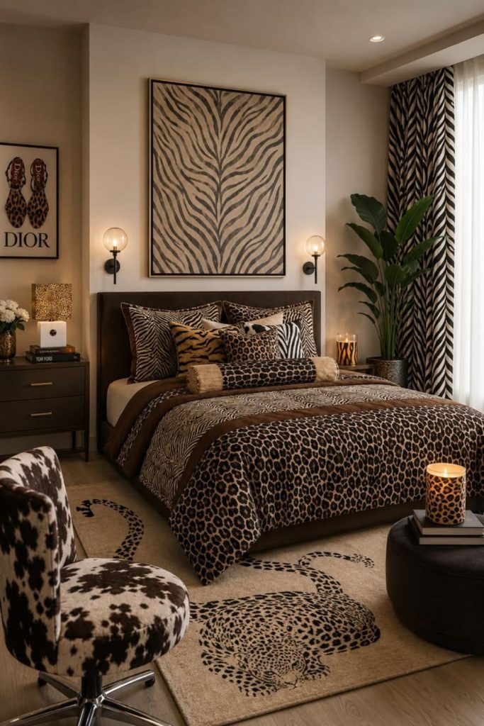 Eclectic leopard bedroom with colorful art.
